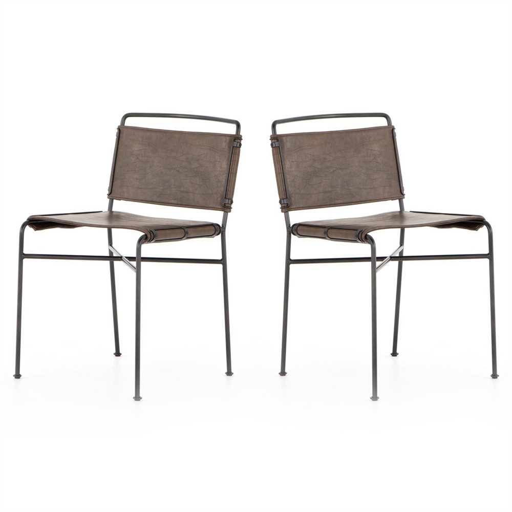 Oxton Industrial Loft Dark Brown Seat Black Iron Frame Dining Side Chair|