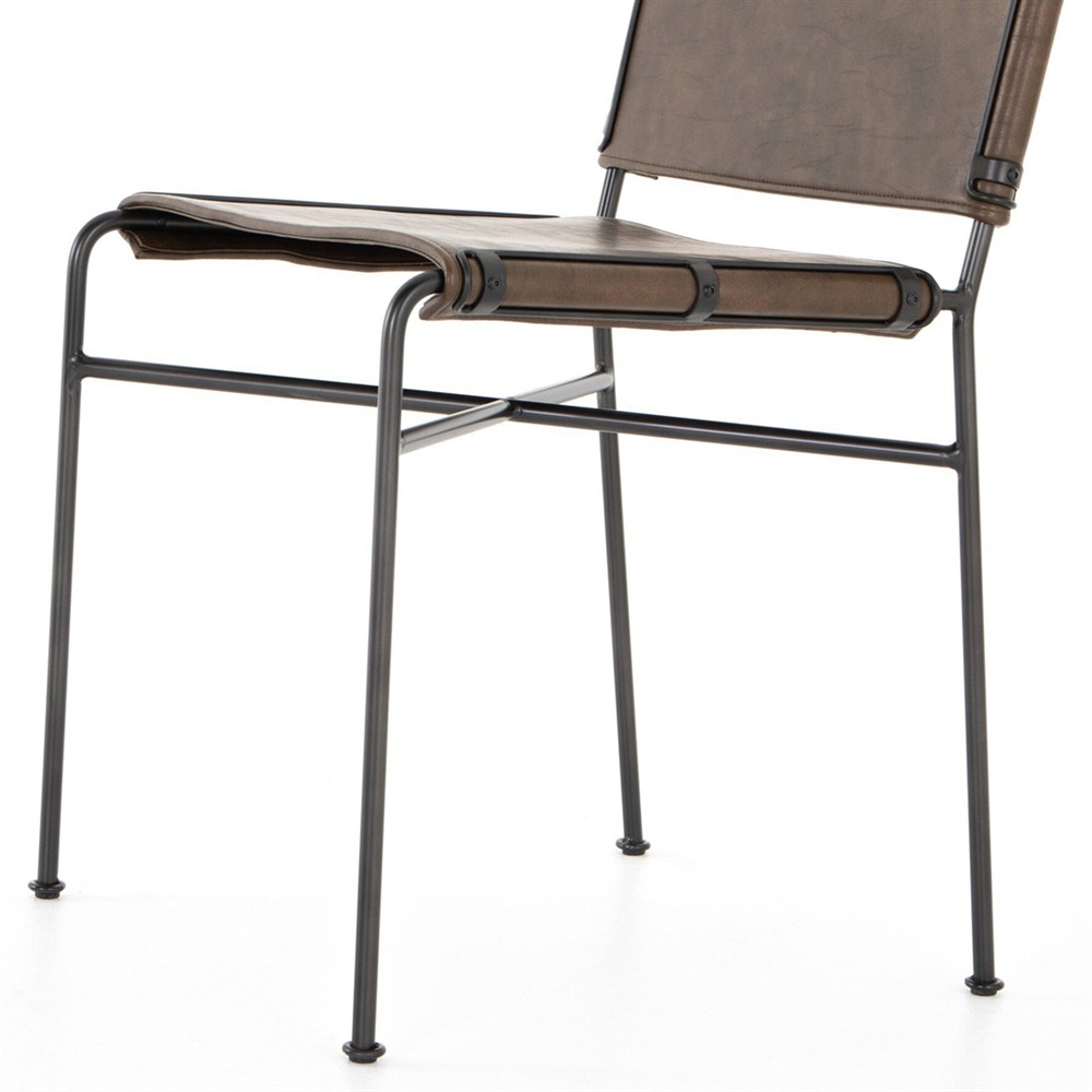 Oxton Industrial Loft Dark Brown Seat Black Iron Frame Dining Side Chair|