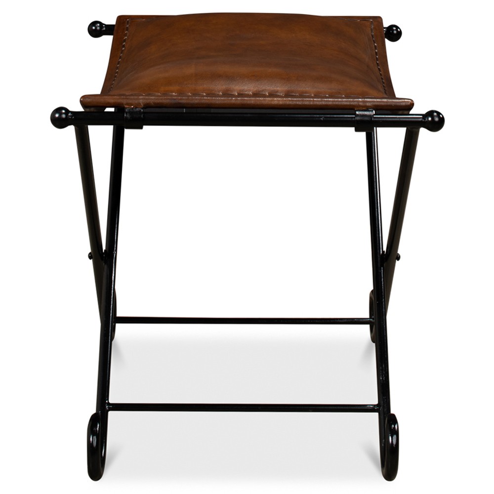 Ara French Country Brown Leather Black Iron Stool|