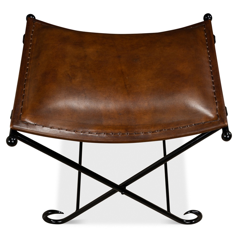 Ara French Country Brown Leather Black Iron Stool|