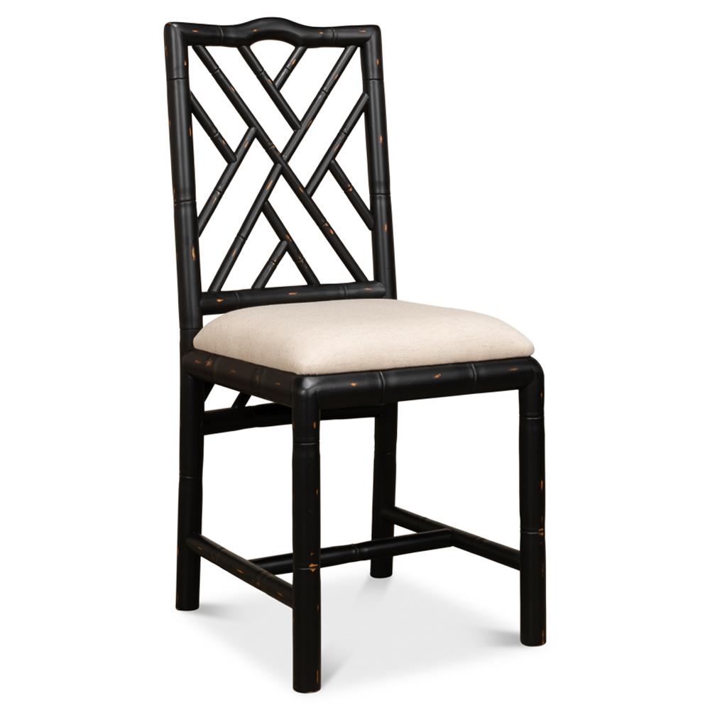 Grace French Country Beige Upholstered Linen Black Oak Dining Side Chair|