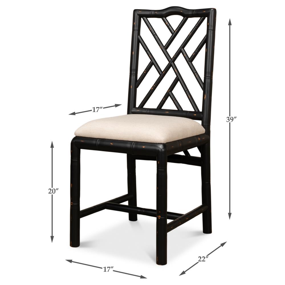 Grace French Country Beige Upholstered Linen Black Oak Dining Side Chair|