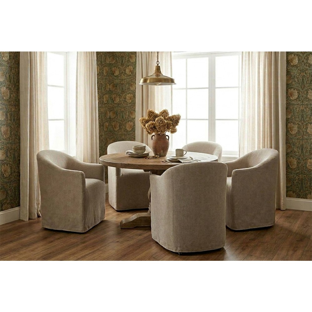 Desiree Modern French Country Beige Twill Slipcover Dining Arm Chair