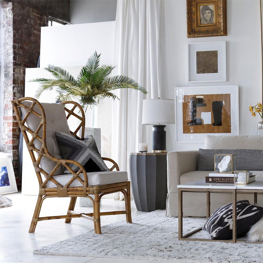 Watson Coastal Beach Brown Rattan Tufted Wing Back Occasional Arm Chair|