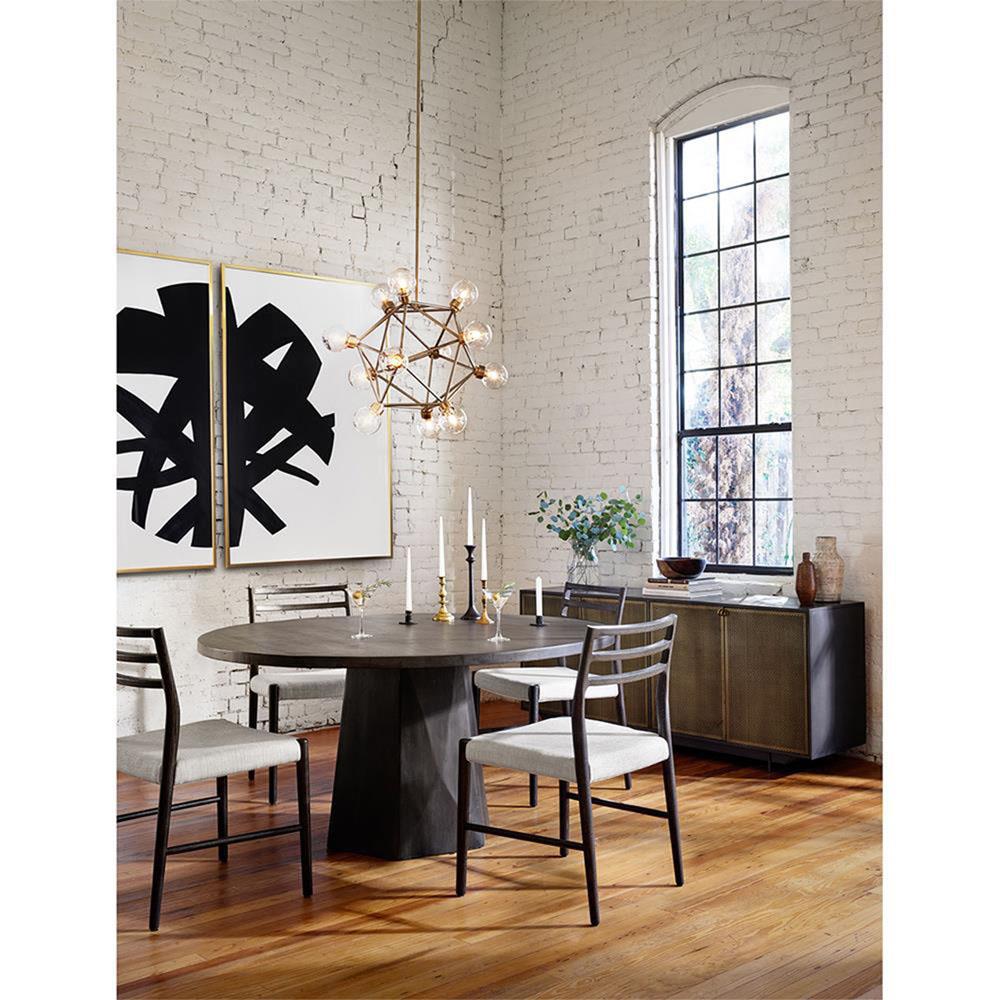 George Mid Century Beige Upholstered Black Oak Wood Ladder Back Dining Chair|