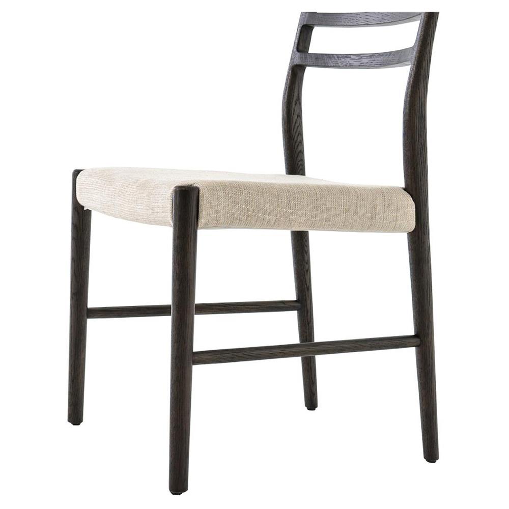George Mid Century Beige Upholstered Black Oak Wood Ladder Back Dining Chair|