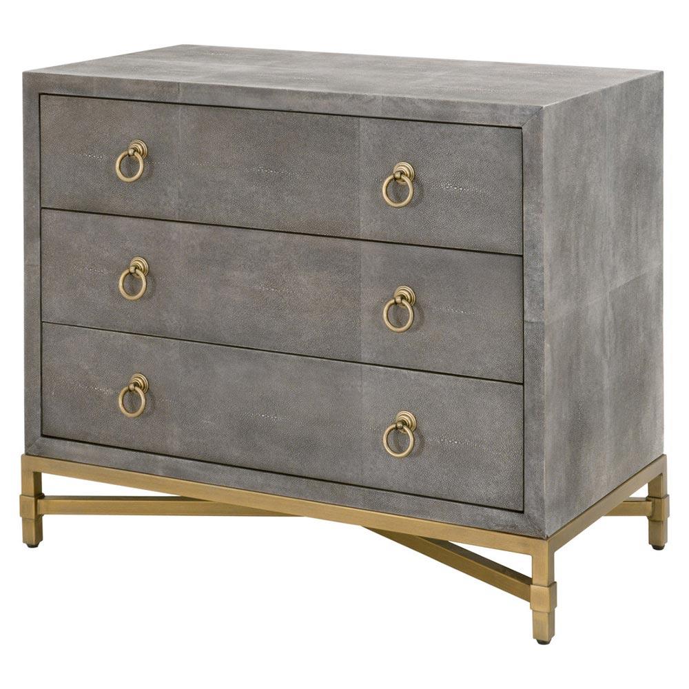 Simon Modern Grey Faux Shagreen Resin Brushed Gold Metal 3 Drawer Nightstand|