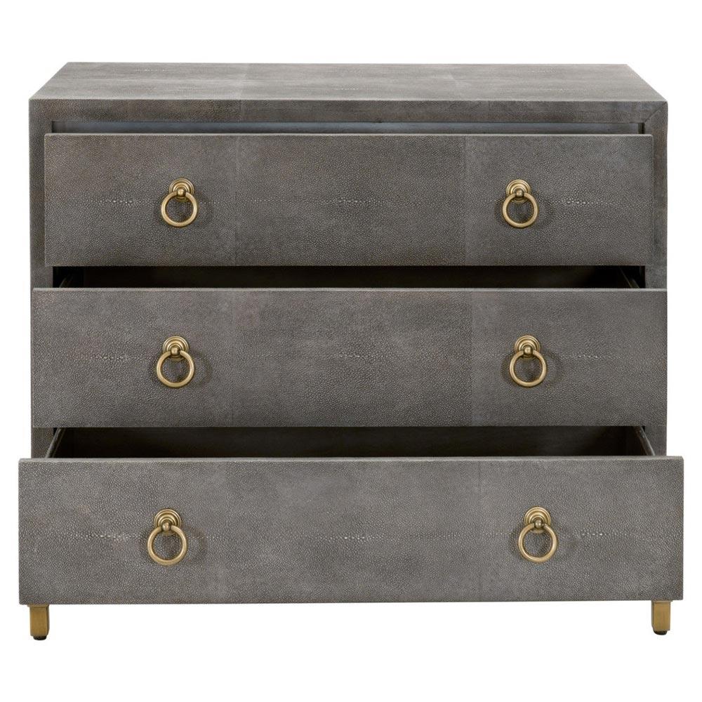 Simon Modern Grey Faux Shagreen Resin Brushed Gold Metal 3 Drawer Nightstand|
