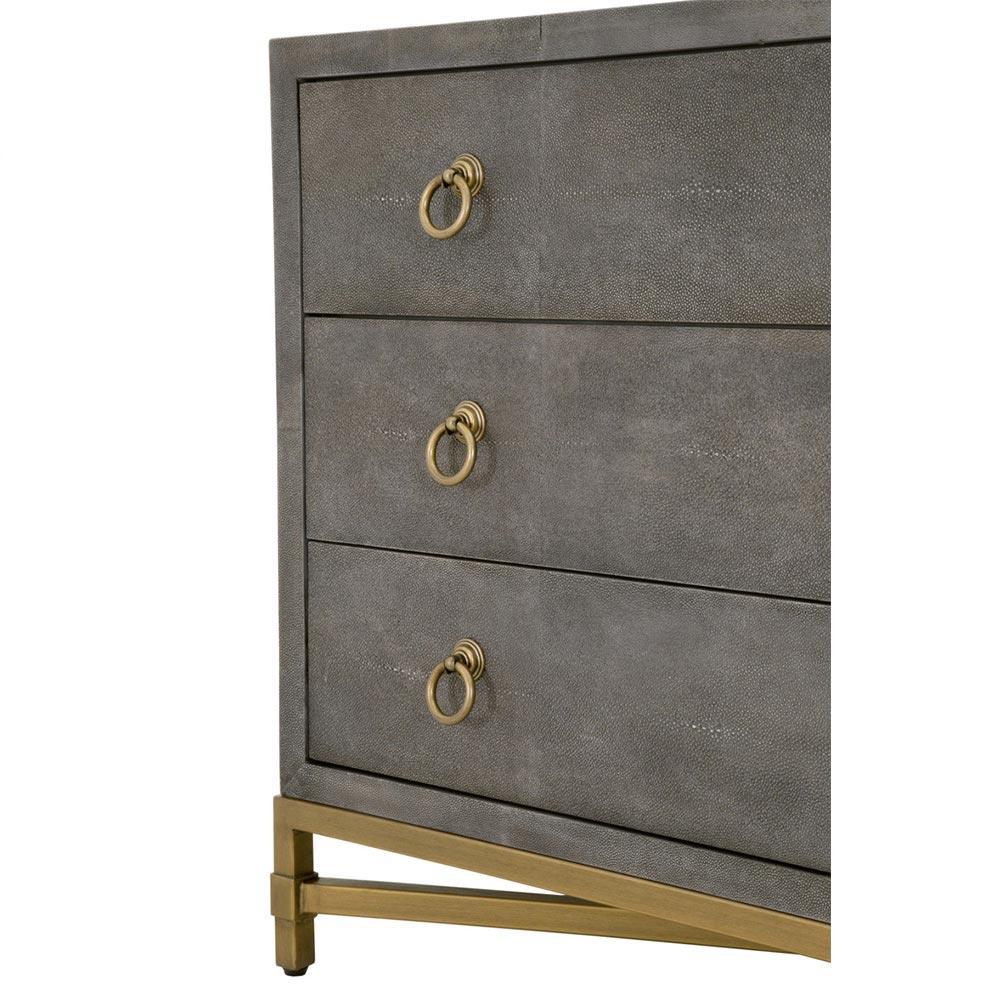 Simon Modern Grey Faux Shagreen Resin Brushed Gold Metal 3 Drawer Nightstand|