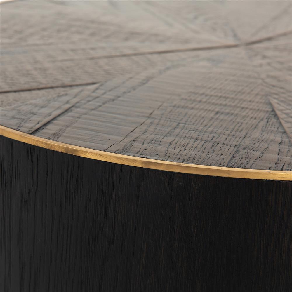 Primo Modern Polished Brass Accent Black Round Starburst Oak Round Coffee Table|