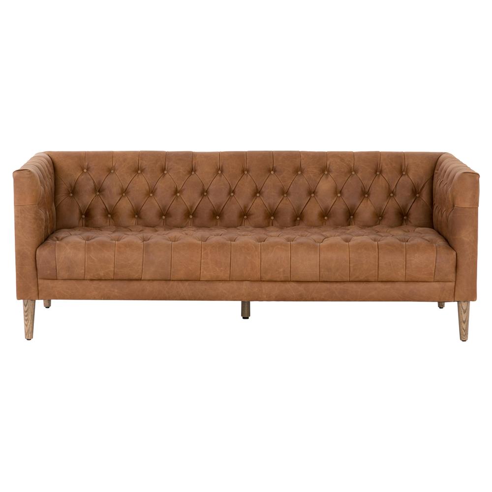 Walter Light Brown Upholstered Leather Natural Wood Tufted Sofa - Small - 75"W|