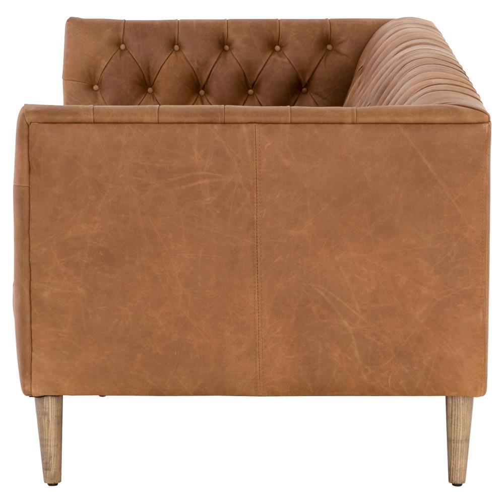 Walter Light Brown Upholstered Leather Natural Wood Tufted Sofa - Small - 75"W|
