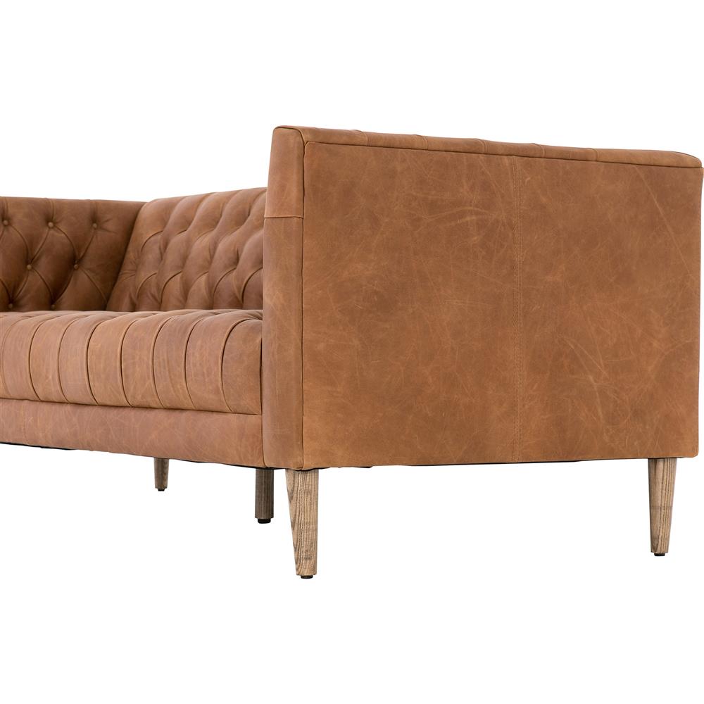 Walter Light Brown Upholstered Leather Natural Wood Tufted Sofa - Small - 75"W|