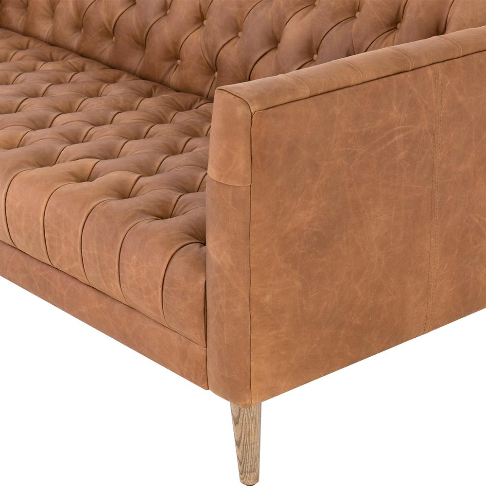 Walter Light Brown Upholstered Leather Natural Wood Tufted Sofa - Small - 75"W|