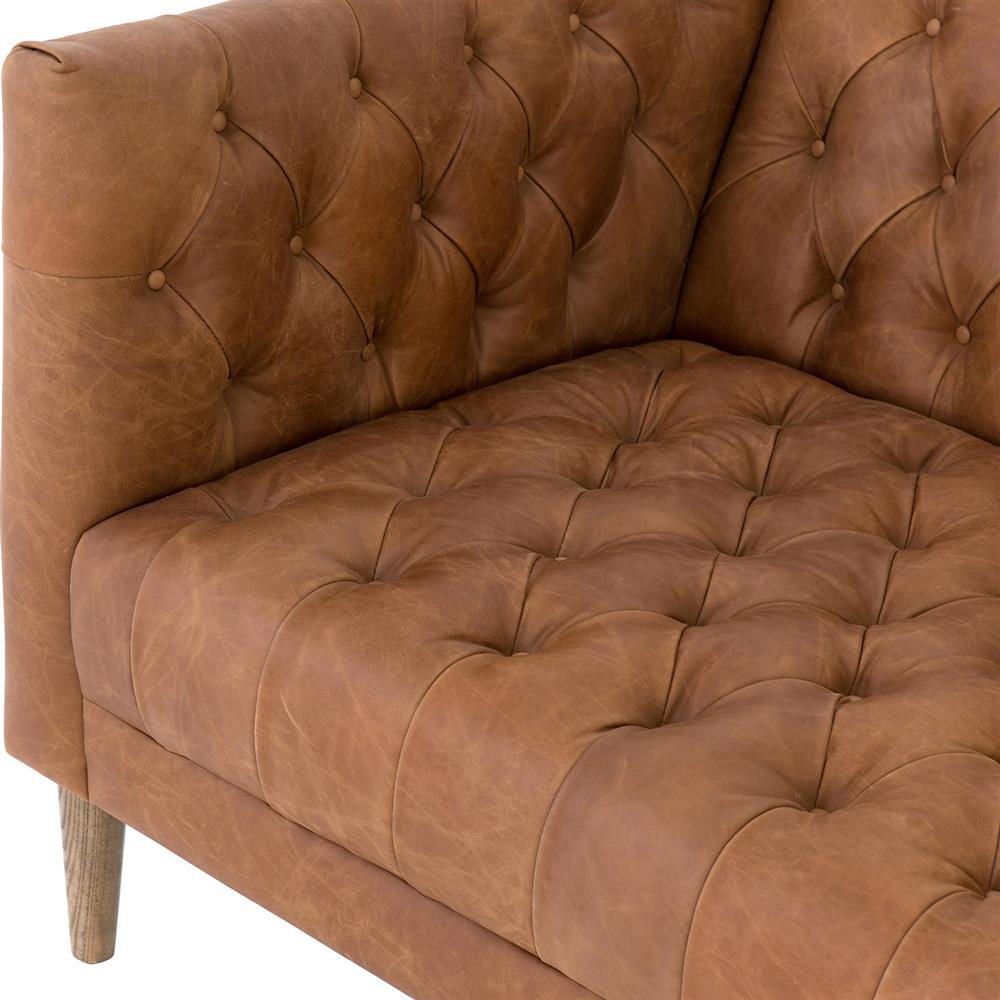 Walter Light Brown Upholstered Leather Natural Wood Tufted Sofa - Small - 75"W|