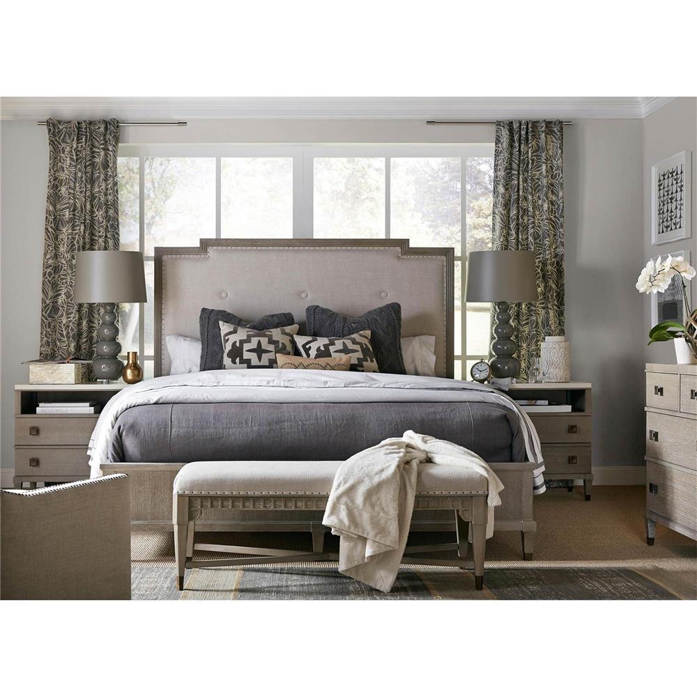 Julia French Grey Upholstered Light Brown Wood Nailhead Trim Bed - King|