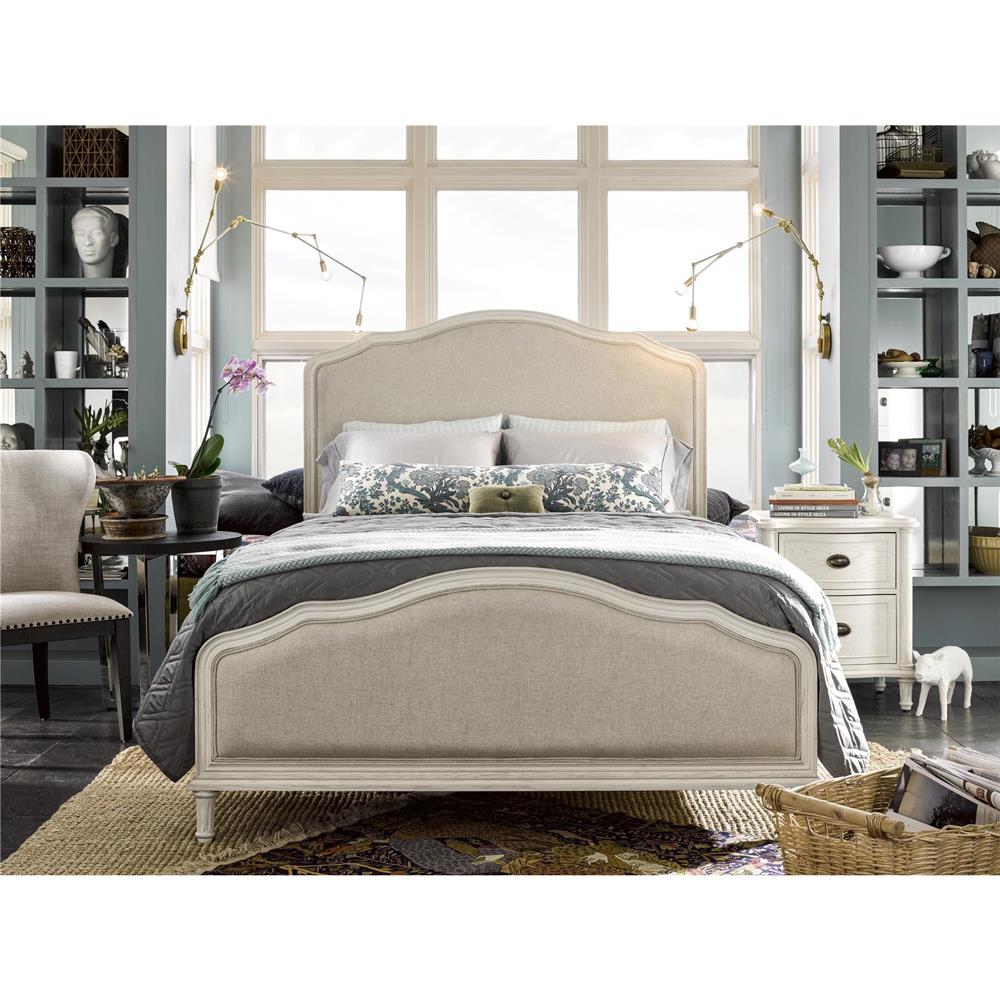 Zoe French Country Beige Upholstered White Wood Bed - Queen|