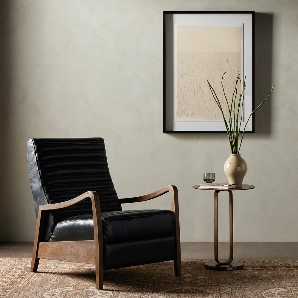 Amani Mid Century Black Leather Brown Wood Tufted Recliner Arm Chair|