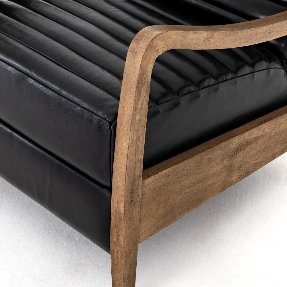 Amani Mid Century Black Leather Brown Wood Tufted Recliner Arm Chair|