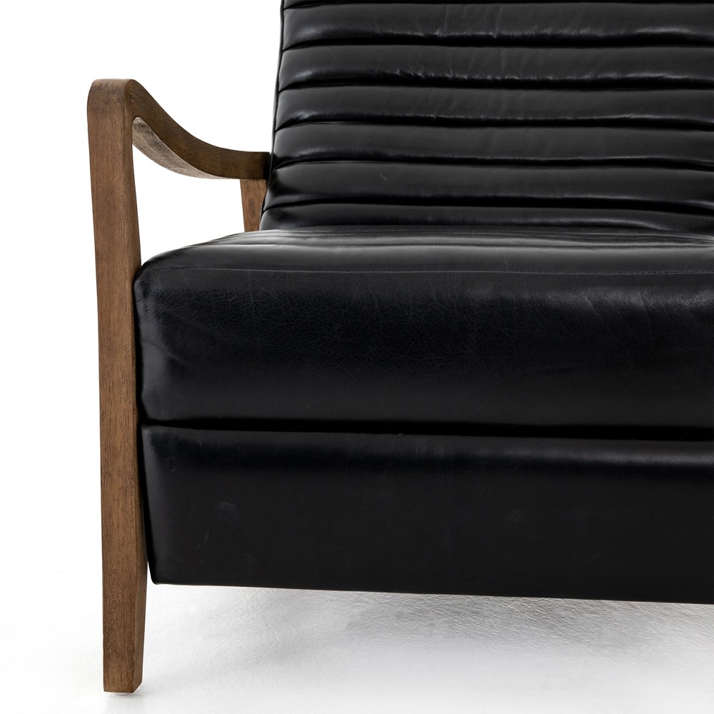 Amani Mid Century Black Leather Brown Wood Tufted Recliner Arm Chair|