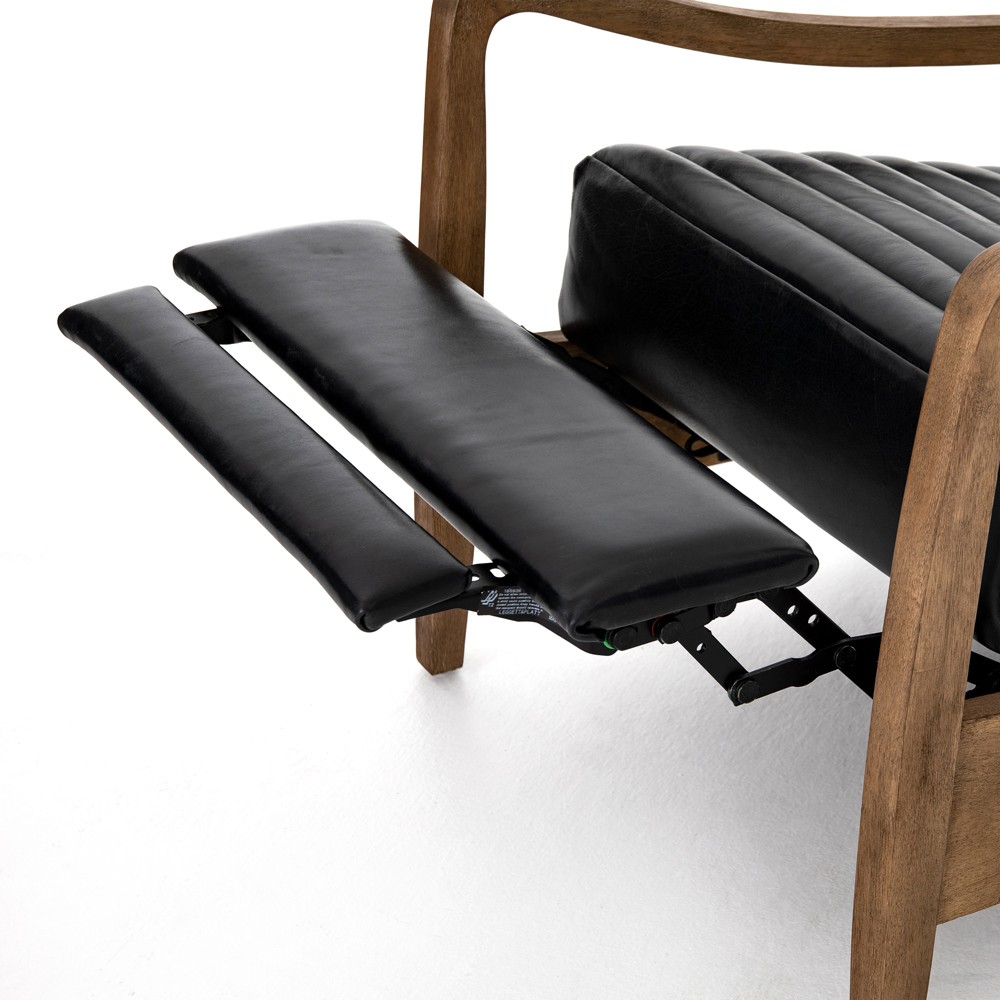 Amani Mid Century Black Leather Brown Wood Tufted Recliner Arm Chair|