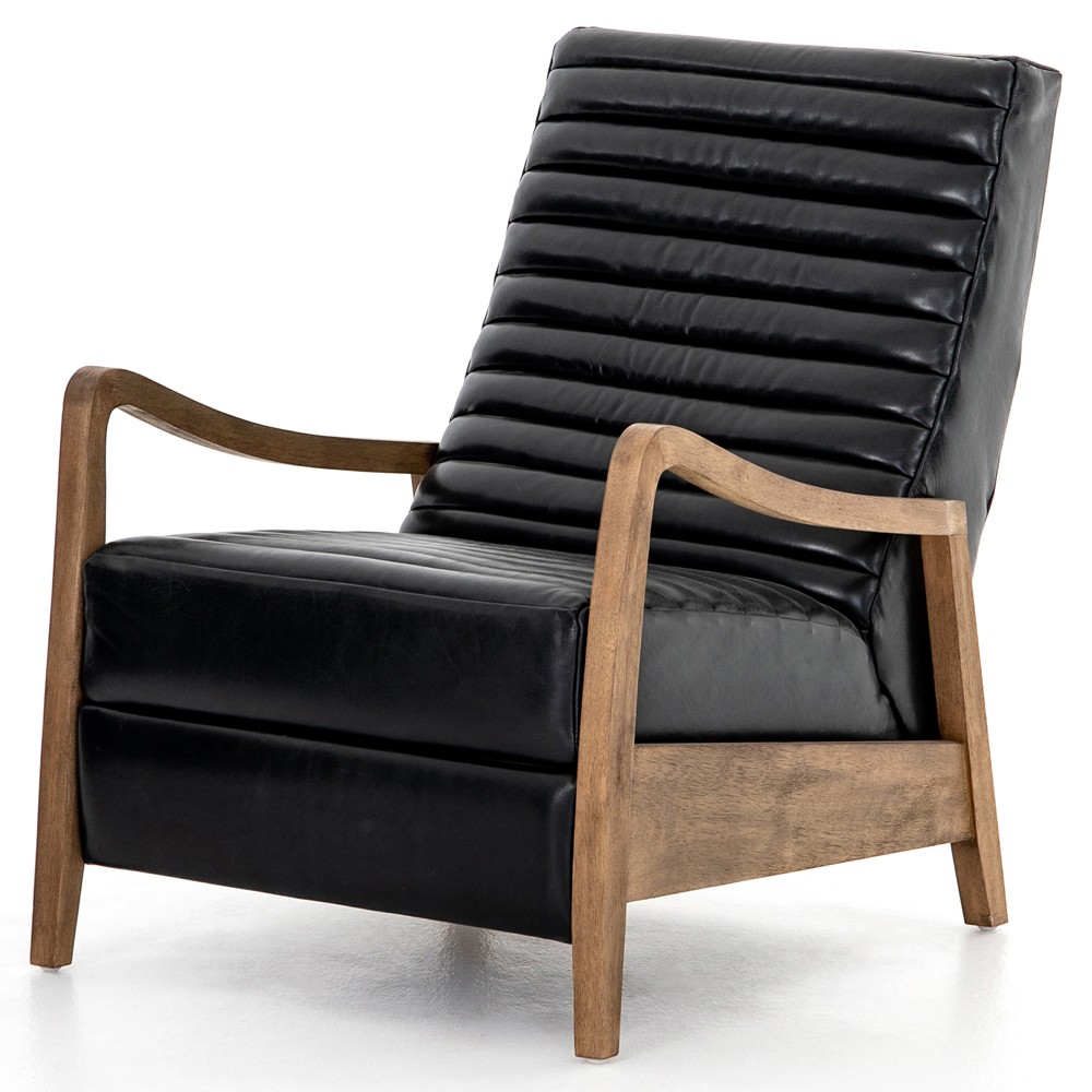 Amani Mid Century Black Leather Brown Wood Tufted Recliner Arm Chair|