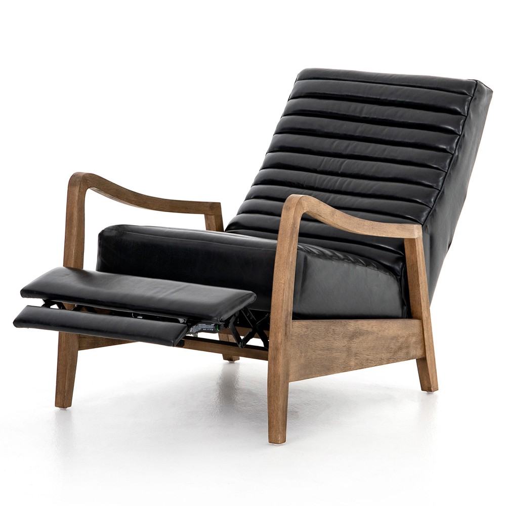 Amani Mid Century Black Leather Brown Wood Tufted Recliner Arm Chair|