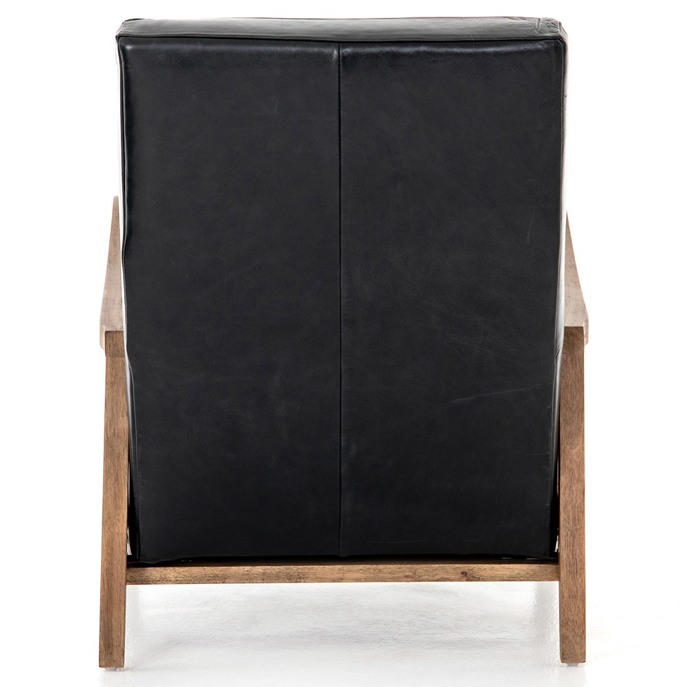 Amani Mid Century Black Leather Brown Wood Tufted Recliner Arm Chair|