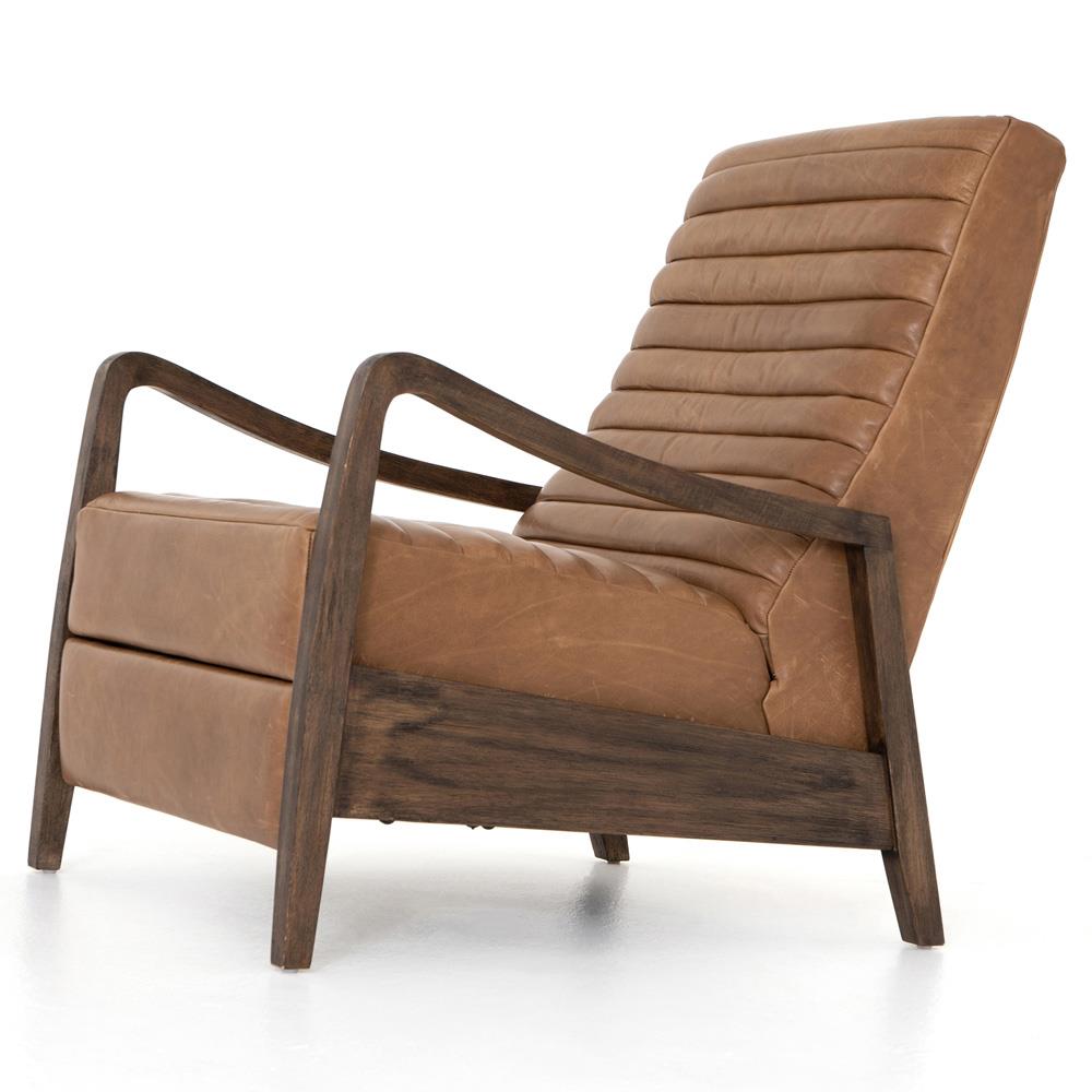 Amani Mid Century Brown Leather Wood Tufted Recliner Arm Chair|