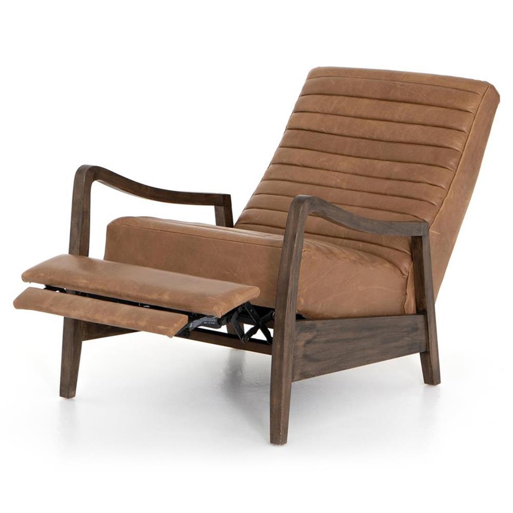 Amani Mid Century Brown Leather Wood Tufted Recliner Arm Chair|