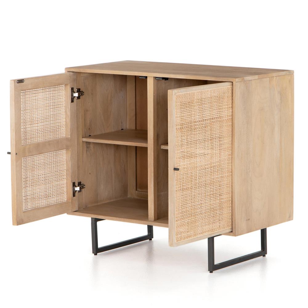 Emilie Light Brown Mango Wood Woven Cane Black Iron 2 Door Media Cabinet - 35"W|