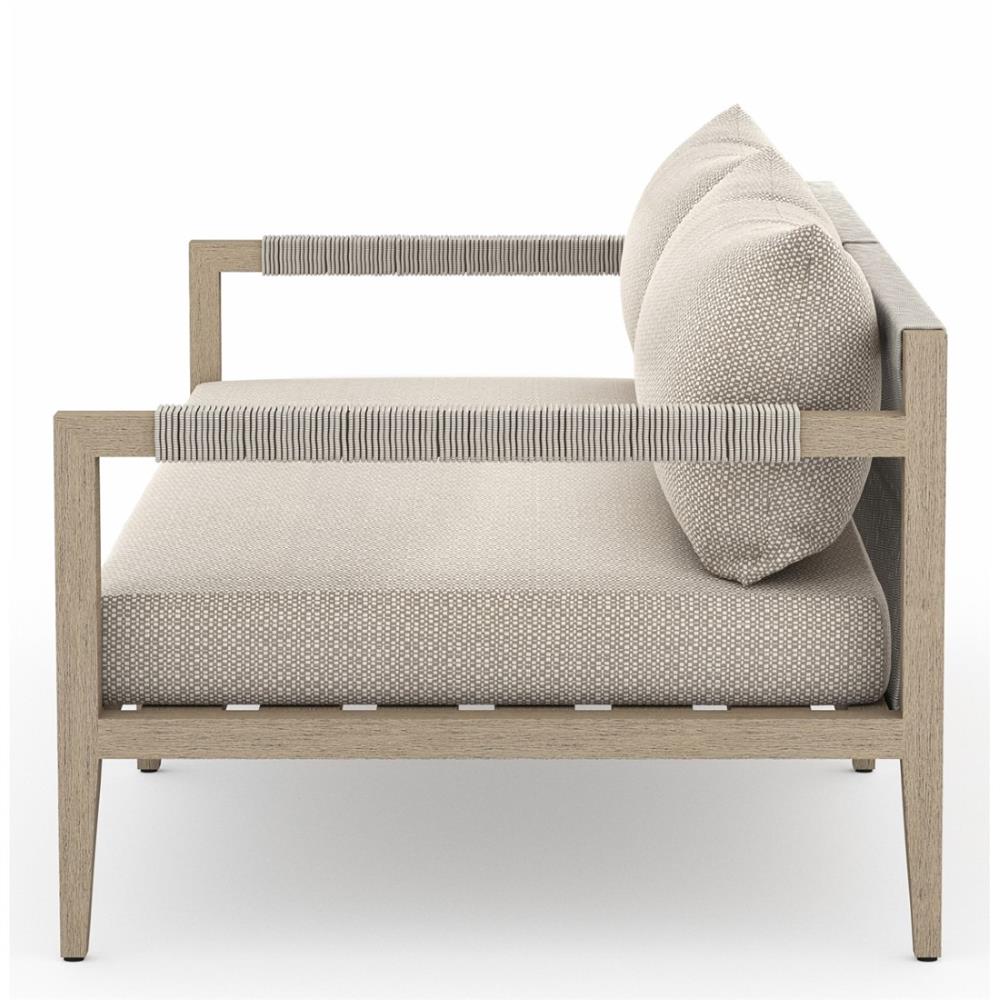 Cheryl Rustic Lodge Beige Upholstered Natural Teak Outdoor Sofa - Small - 63"W|