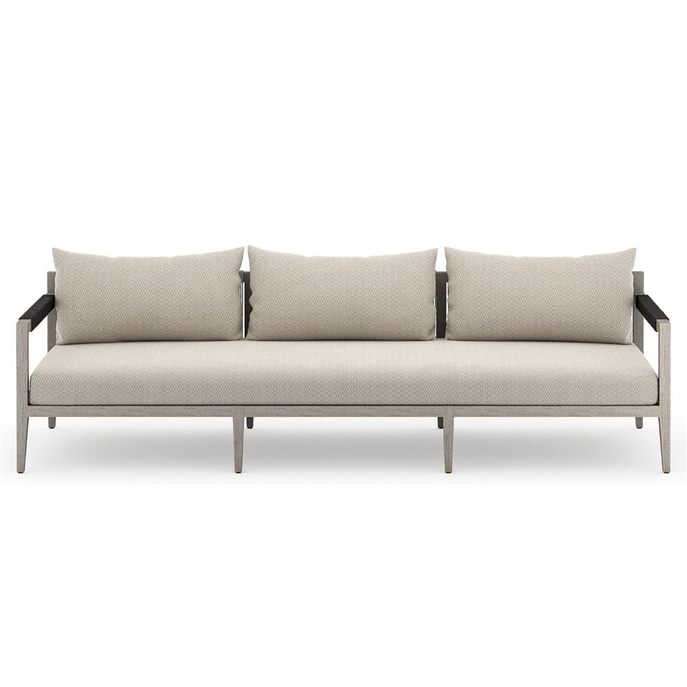 Cheryl Rustic Lodge Beige Upholstered Grey Teak Wood Frame Outdoor Sofa - Large - 93"W|