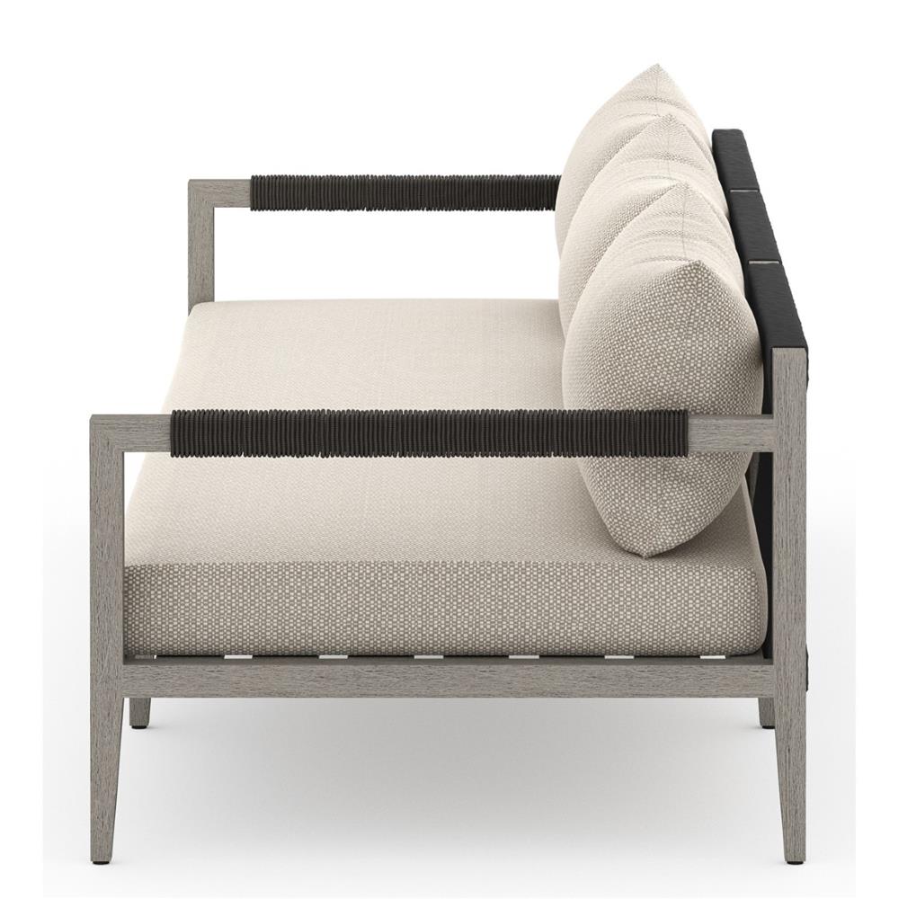 Cheryl Rustic Lodge Beige Upholstered Grey Teak Wood Frame Outdoor Sofa - Large - 93"W|