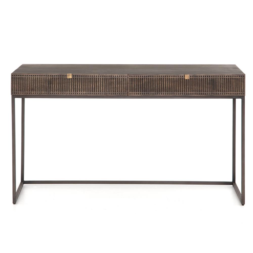 Madison Industrial Loft Dark Brown Carved Mango Wood Iron Desk|
