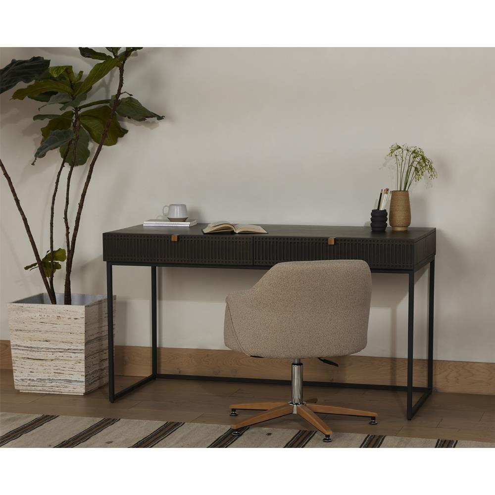 Madison Industrial Loft Dark Brown Carved Mango Wood Iron Desk|