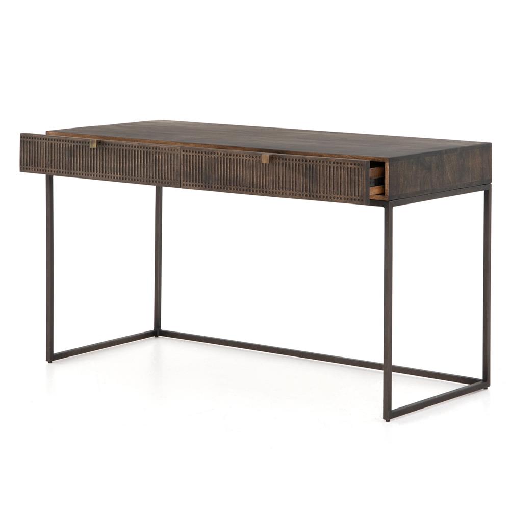 Madison Industrial Loft Dark Brown Carved Mango Wood Iron Desk|