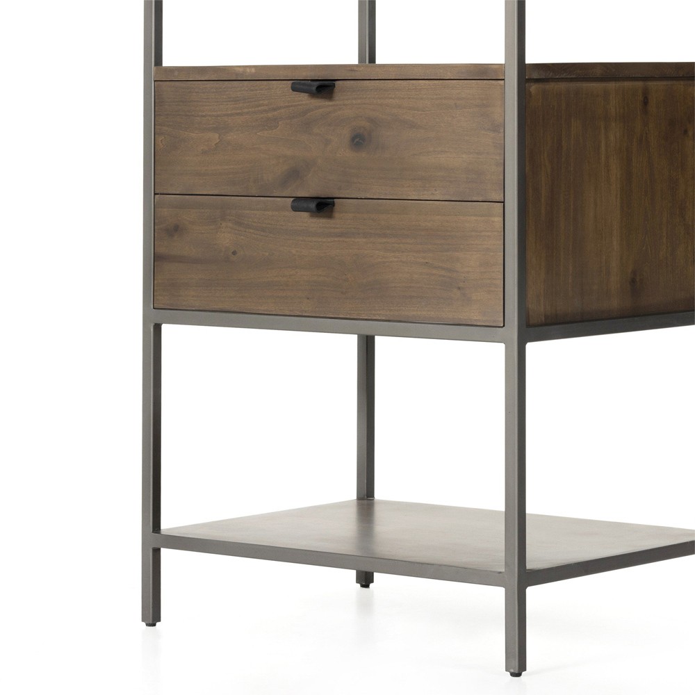 Theodore Industrial Loft Brown Wood Grey Iron Frame 2 Drawer Display Bookcase|