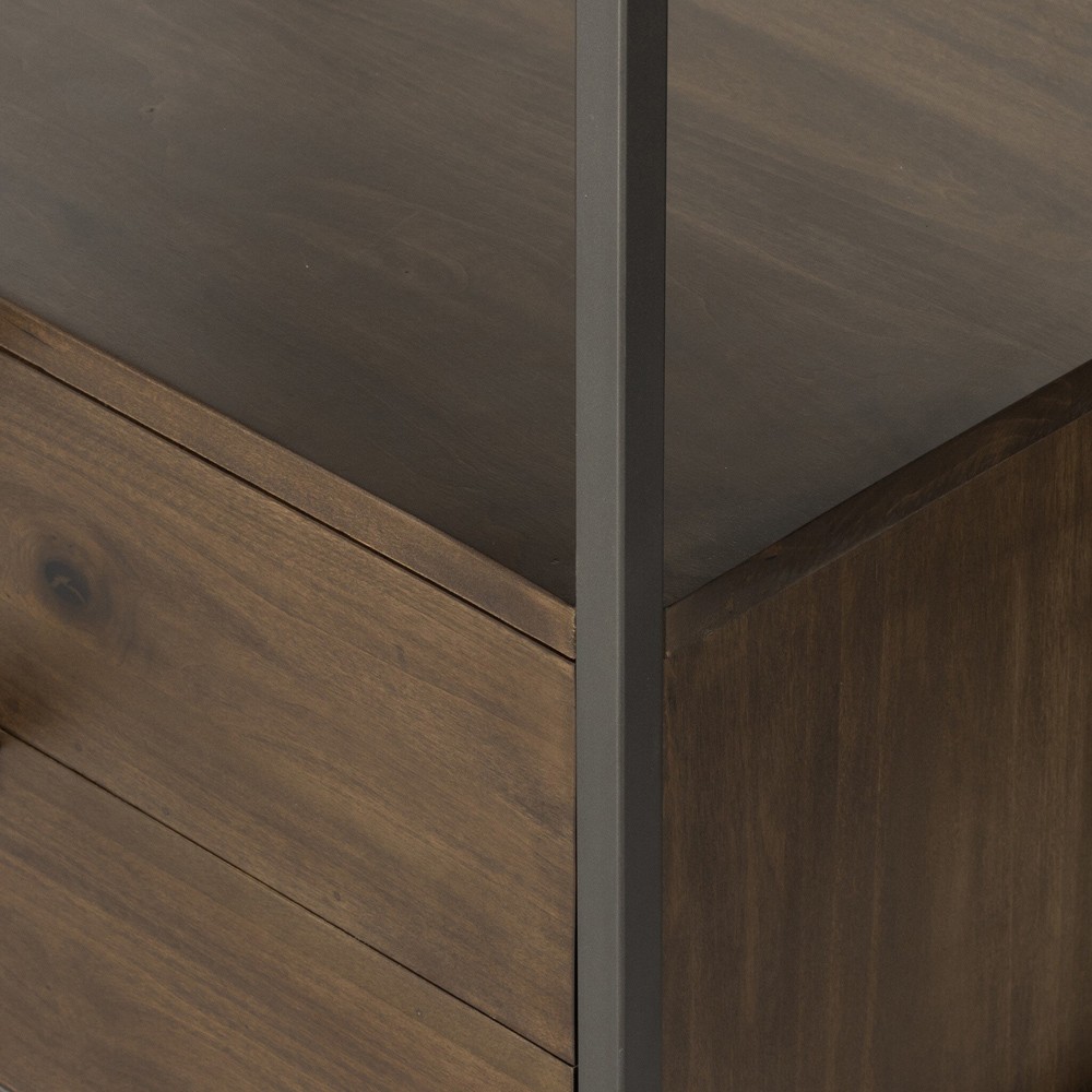 Theodore Industrial Loft Brown Wood Grey Iron Frame 2 Drawer Display Bookcase|