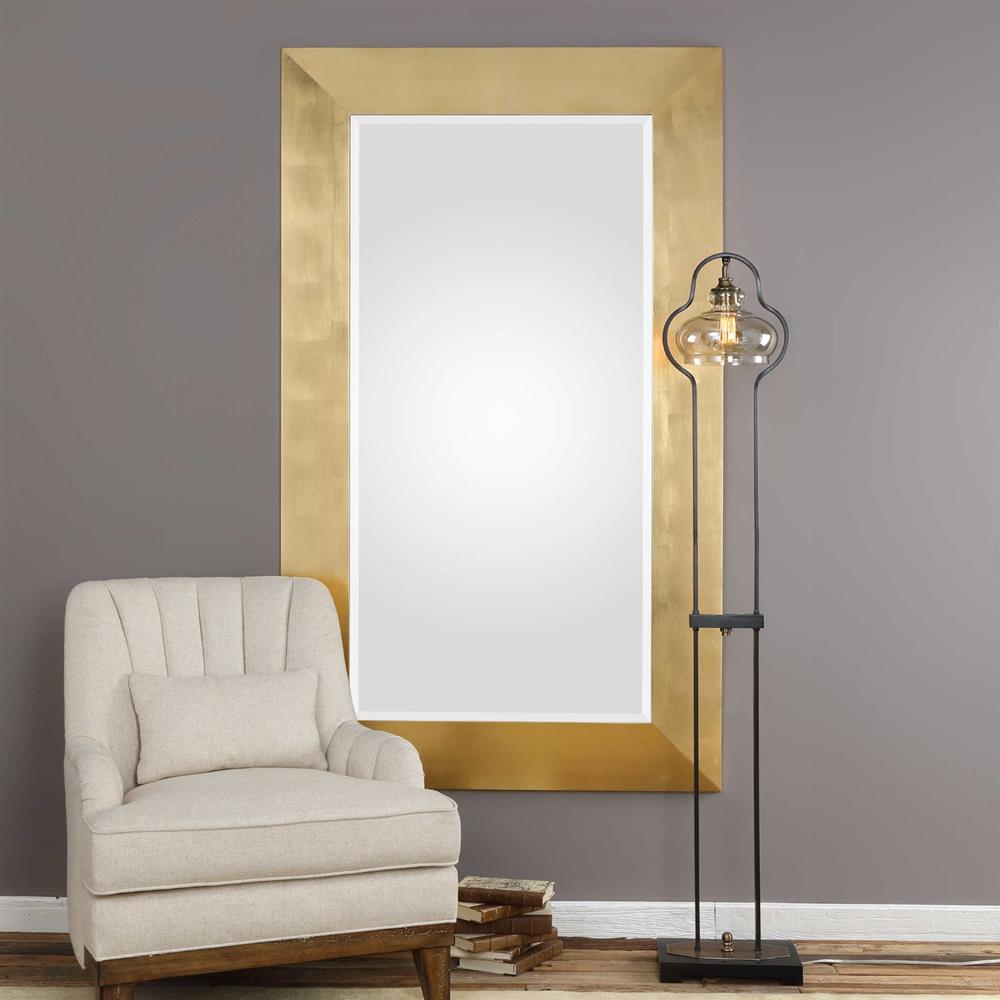 Amir Hollywood Regency Gold Leaf Beveled Frame Pine Wood Floor
