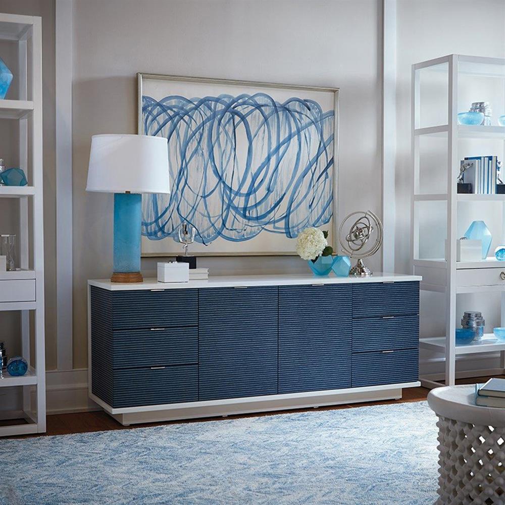 Cosmopolitan Modern Classic Blue Stripe Grasscloth Wood Sideboard|
