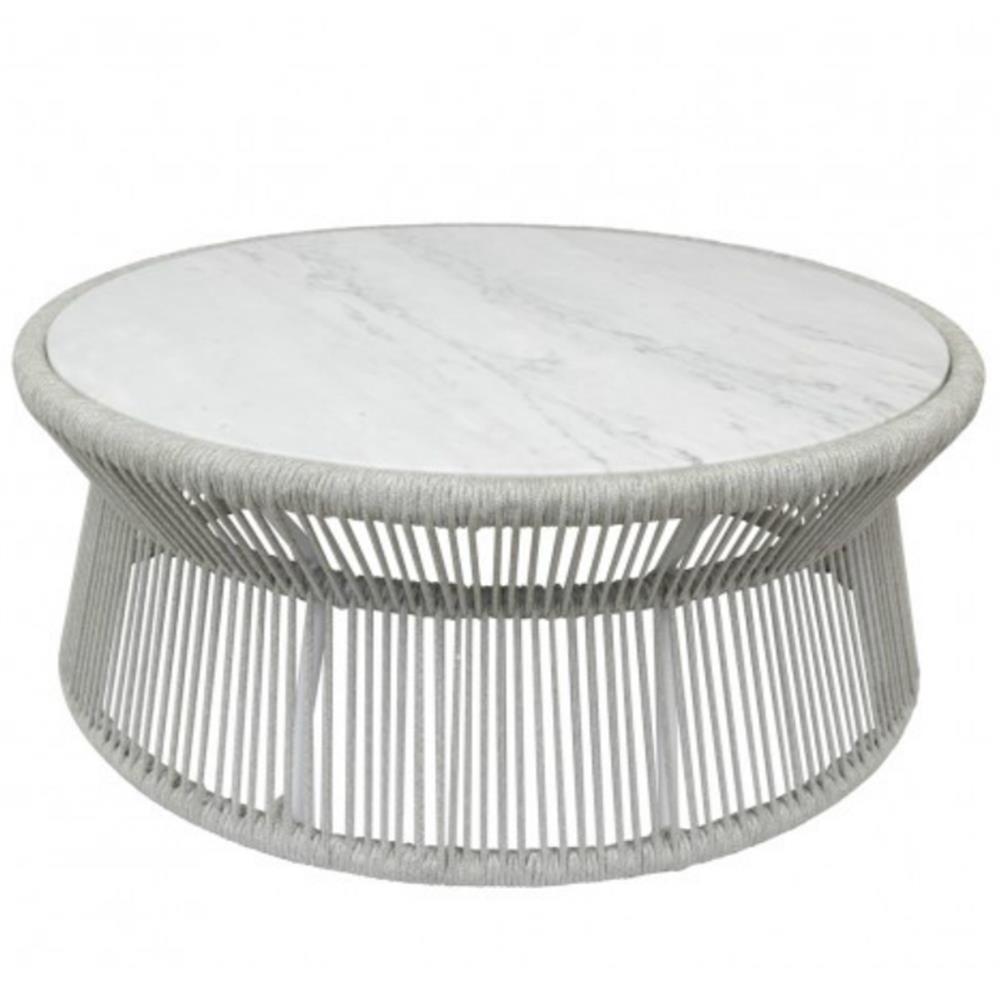 Mateo Coastal Marble Top Grey Rope Round Outdoor Coffee Table|