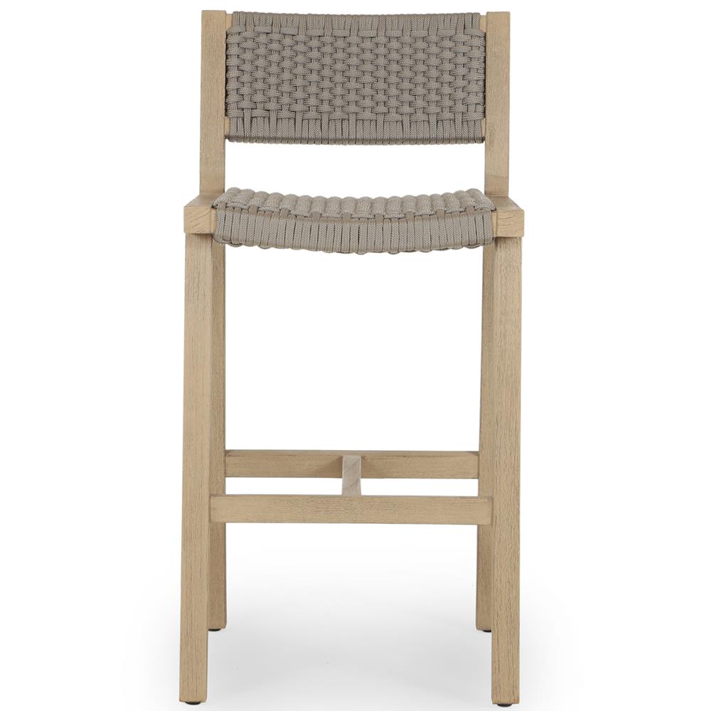 Dion Coastal Beach Light Grey Woven Rope Washed Natural Teak Outdoor Counter Stool|