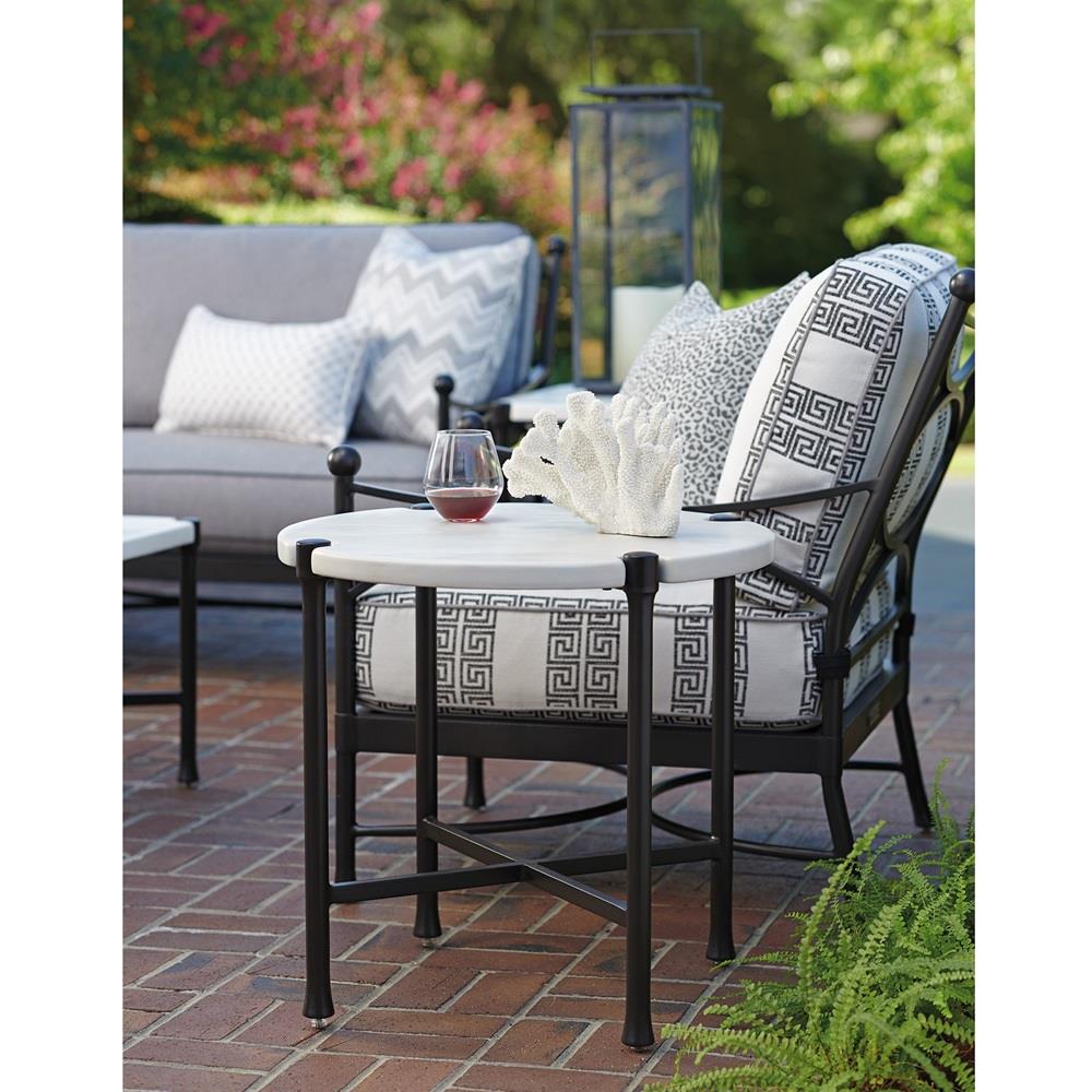 Pavlova French Ivory Stone Top Metal Round Outdoor End Table|
