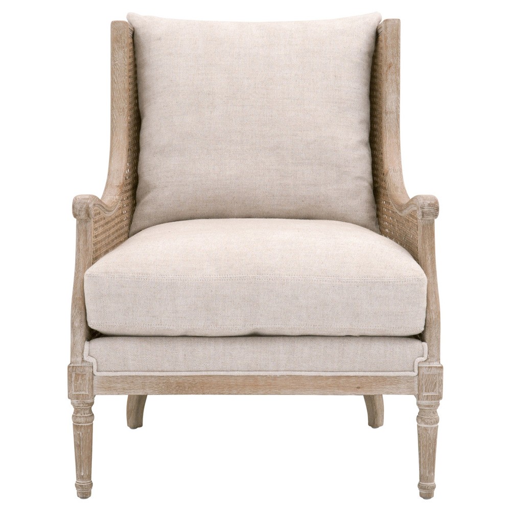 Beau French Country Beige Linen Blend Natural Cane Birch Wood Wing Arm Chair|