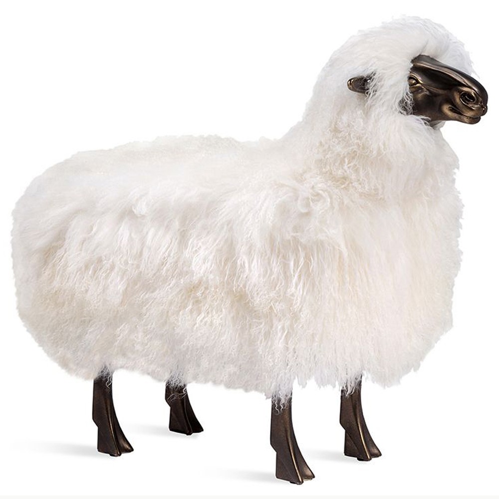 Seamus Modern Ivory Sheepskin Antique Bronze Sheep Statue|