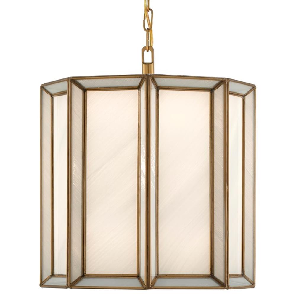 Farrah Hollywood Regency White Glass Antique Brass Pendant|