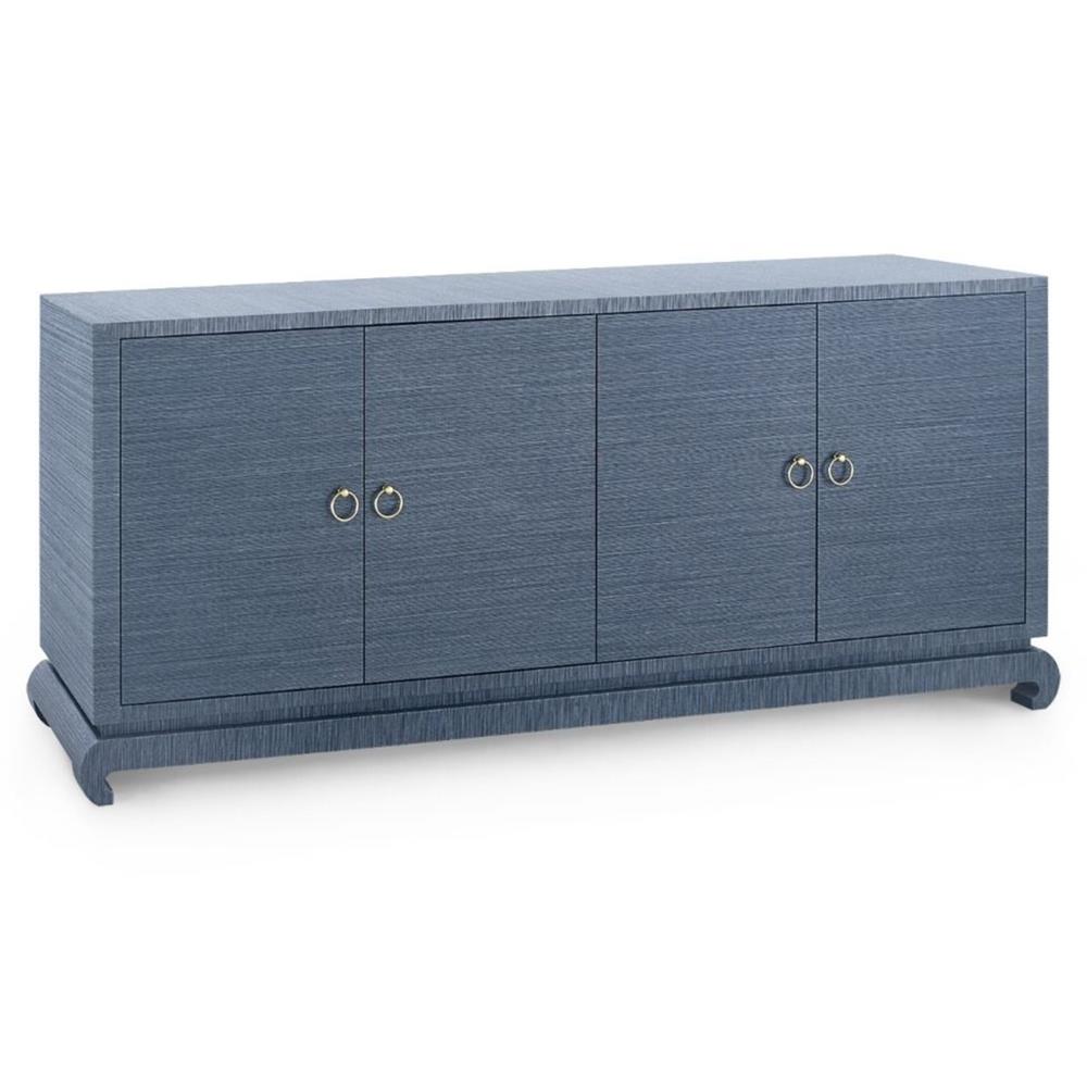 Meredith Modern Classic Blue Grasscloth Wood Media Cabinet|