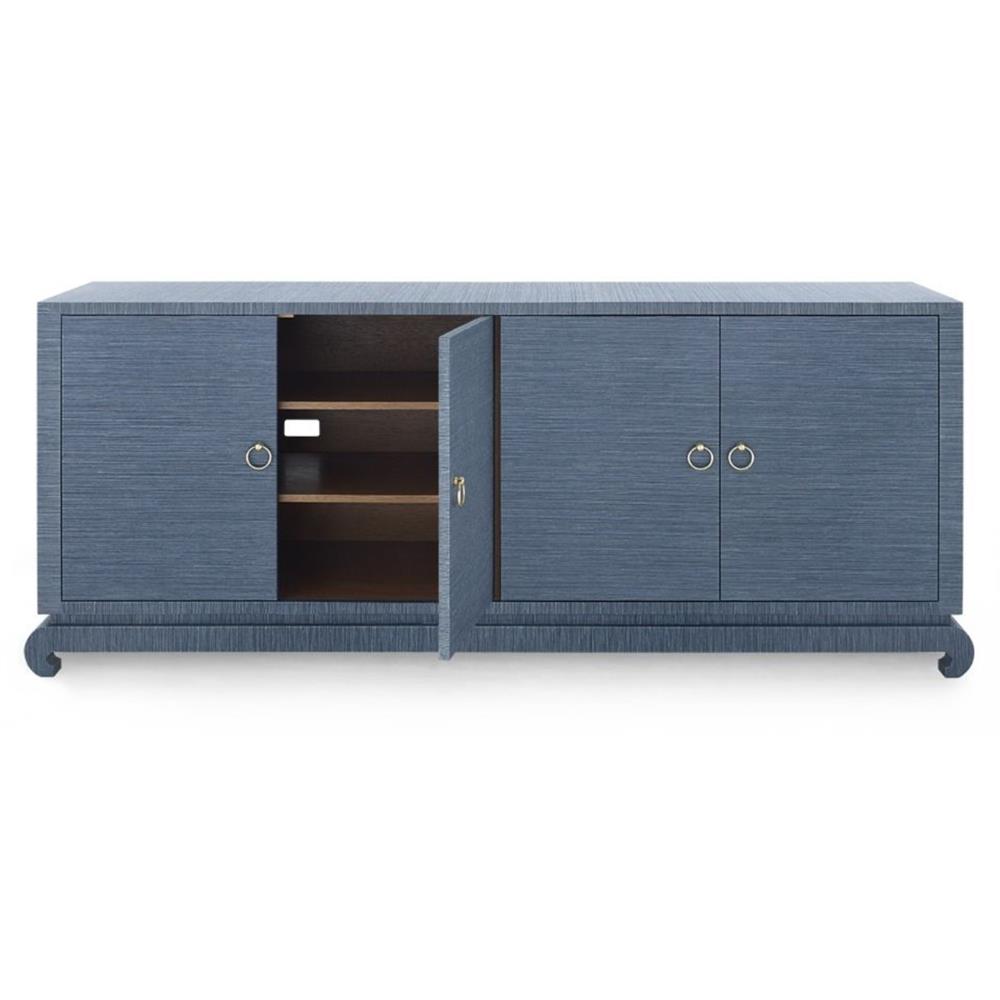 Meredith Modern Classic Blue Grasscloth Wood Media Cabinet|
