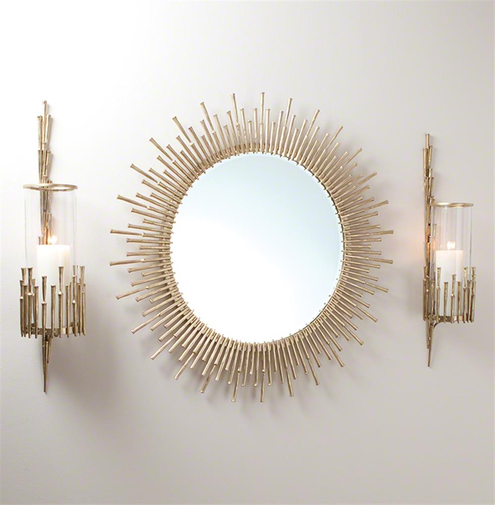 Sunburst Antique Brass Hollywood Regency Round Wall Mirror|